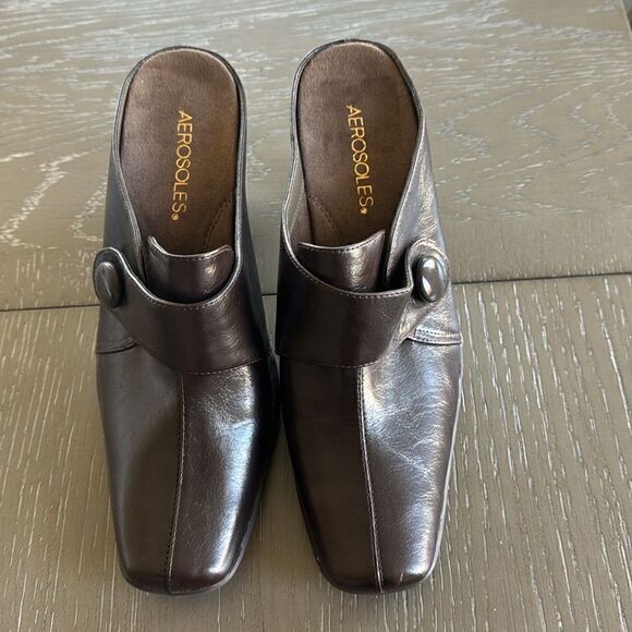 AEROSOLES Women’s Slip-On Mules Brown Faux Leather Pumps Square Toe Size 9M EUC - Picture 2 of 12